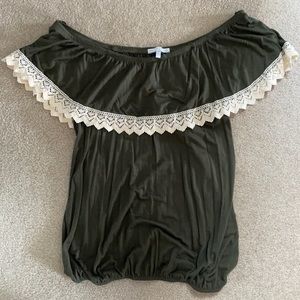 New York and Company army green off the shoulder top with off white lace trim